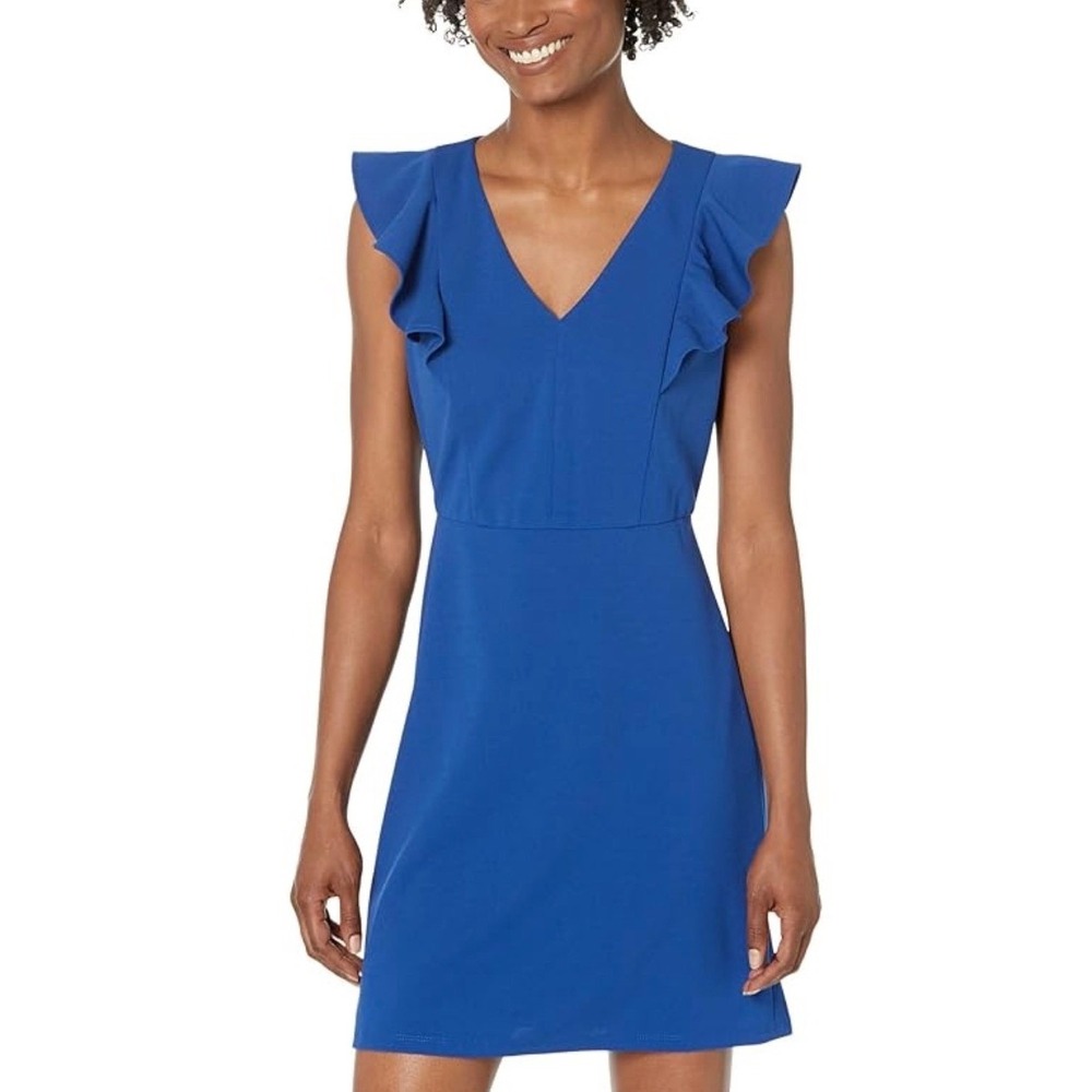 NWT Donna Morgan Ruffle V-Neck Dress - 10P Blue Cocktail Workwear